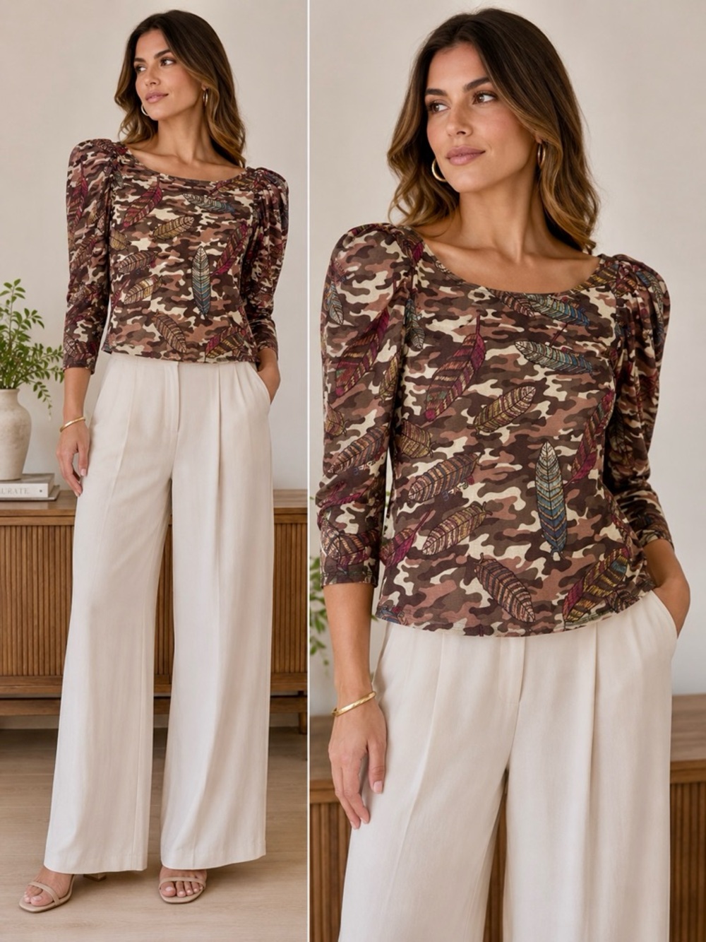 Italian Feather Print Mesh Top | Camo Chic Stretch Blouse | Size M